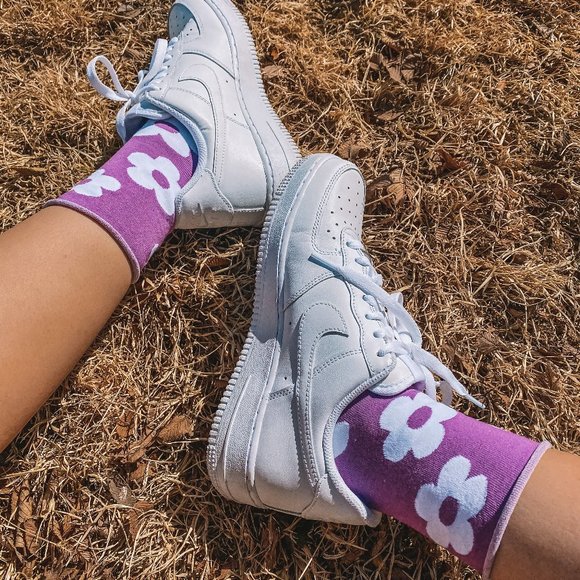 Retro Purple Flower Power Socks - Picture 2 of 5